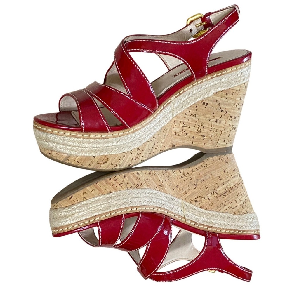 Prada Espadrille Wedge Slingback Sandals Red Patent Leather Size 5.5 Summer Chic - Picture 9 of 12